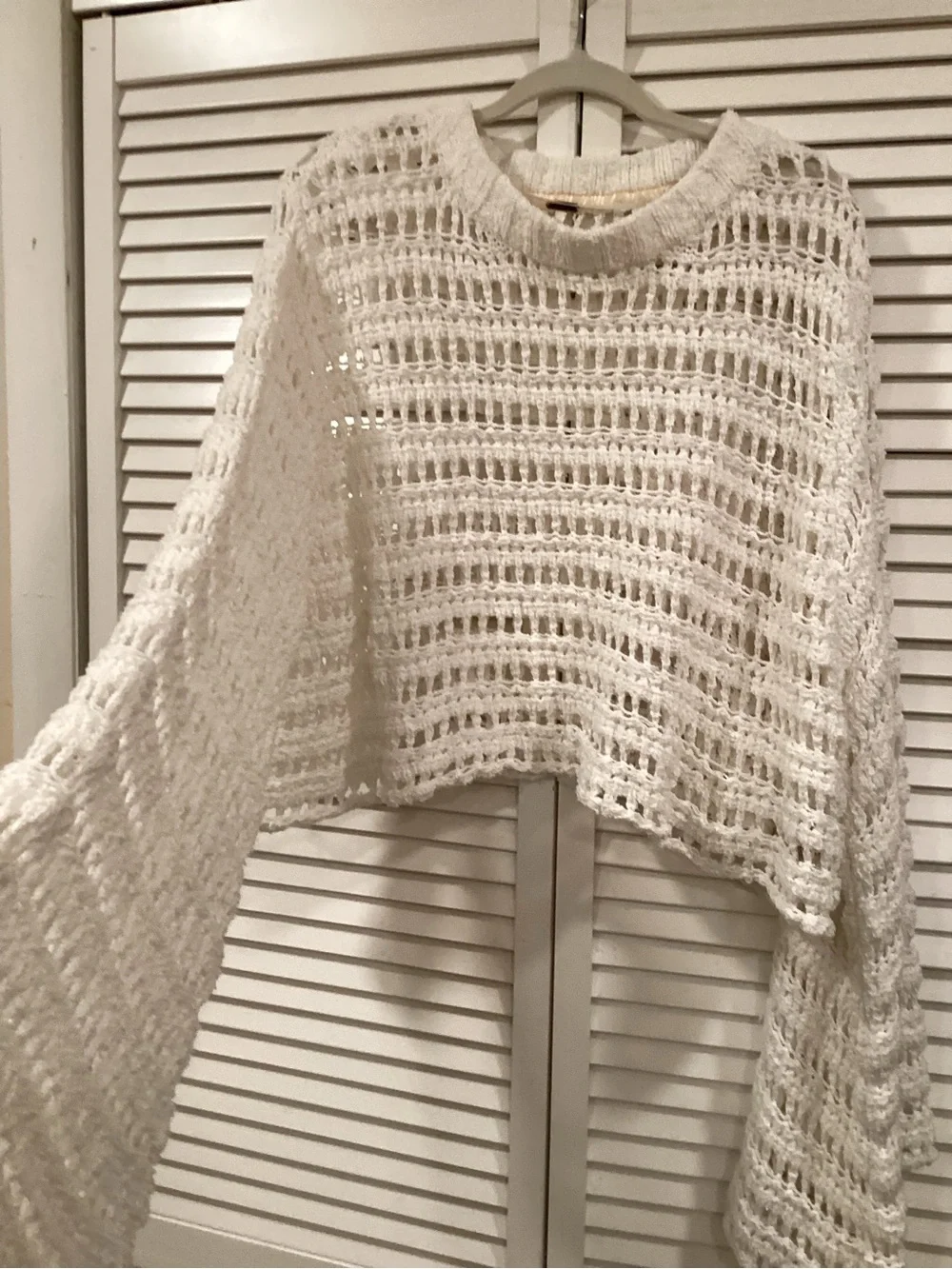 FREE PEOPLE Caught Up Bell Sleeve Crochet Knit Sweater White Med.